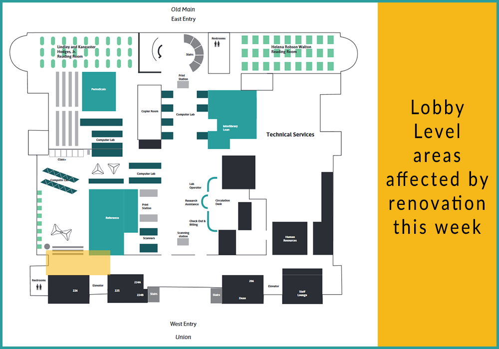 Level 2 areas affected by renovation: Northwest elevator