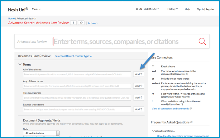 Nexis Uni Advanced Search- use the ADD button to add terms to your search