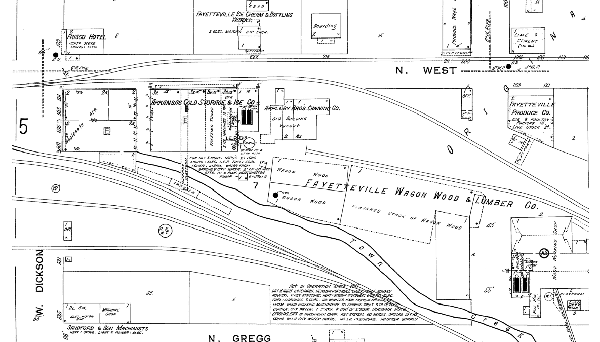 Digital Sanborn Maps, Fayetteville, 1913, Map Sheet 9; showing location of current Walton Arts Center Parking at Dickson and West