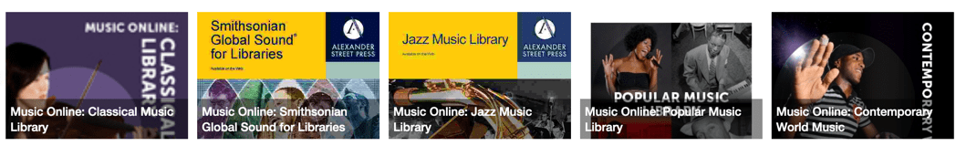 Music Online banner showing compenent collections: Classical, Global Sound, Jazz, World Music, and Contemporary Pop