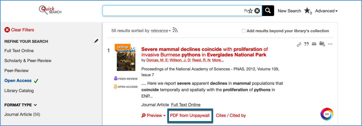 PDF from Unpaywall link in QuickSearch