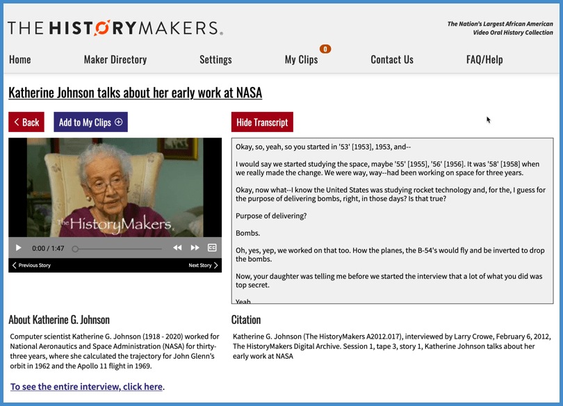HistoryMakers interview with Katherine Johnson on her early days at NASA