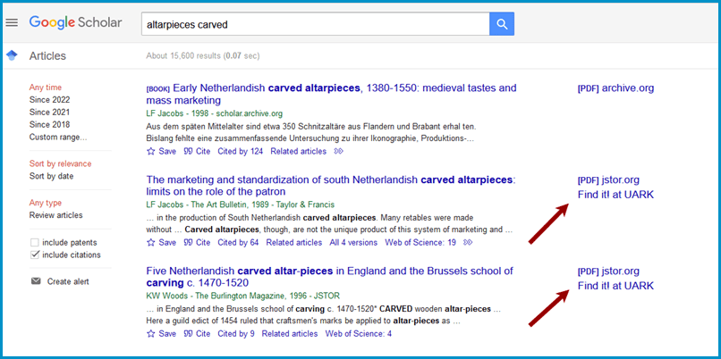 Google Scholar results showing Find it! links