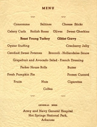 1944 Thanksgiving Dinner menu from the Army and Navy Hospital in Hot Springs. 