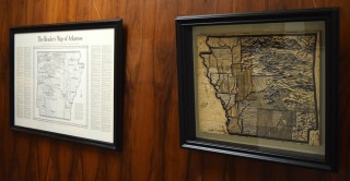 Engraving a printed map from the Lost Roads project created by C.D. Wright in 1994, currently displayed at the entrance to Special Collections. 