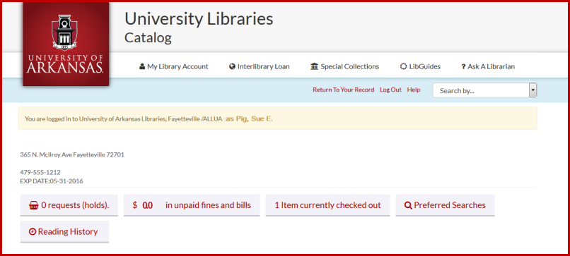 My Library Accunt showing outstanding holds, fines, current checkouts, search alerts, and readng history. 