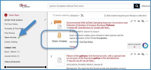 QuickSearch Open Access icon and filter